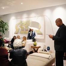 Raoul Peck speaking to people at an IDA member event in New York. November 10, 2025