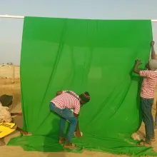 Five young Black kids in jeans and colorful shirts set up a green screen in the middle of a desert field