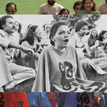 a black and white photo of young people laying on the grass is superimposed over a color photo of the same folks smiling and standing up