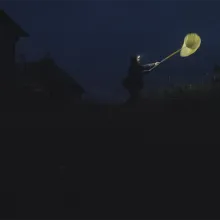 Nighttime shot of a person outside holding a yellow butterfly night up in the air