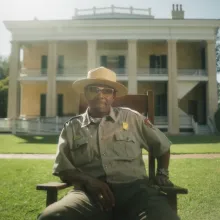 In front of a yellow plantation home, a National Park Service ranger leans causally on one elbow while sitting on a wooden chair.