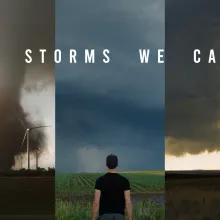 Storm chaser Gabriel Cox stands in front of images of massive storms. One of them is a tornado, the other two have dark menacing supercells. The title reads, "The Storms We Carry."