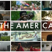 Landscape movie poster for the film "THE AMERICANS" by Hyunsoo Moon.  The poster features a 3x5 grid of fifteen cinematic photographs that create a mosaic of American life. The images capture a wide range of human experiences, including:  Milestones: A newborn baby and a graduation ceremony.  Labor: Worker at a farm, a meat-processing plant, and a Tyson factory.  Community: A "Parade of Nations," families embracing, and people watching fireworks.  Landscapes: Sunlit trees, rocky shorelines, and flooded fiel