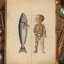 Open vintage book showing labeled anatomical drawings of a fish and a human infant side by side, surrounded by old medical tools on a wooden desk.
