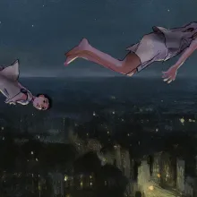 Illustration of two children in white shorts and T-shirts gliding through the night sky