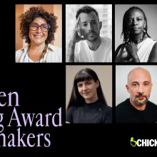 Six headshots of men and women (some in color, some in black and white) are framed by a black background and text that reads 2026 Chicken & Egg Awards Filmmakers