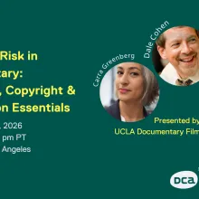 green background with yellow text with three headshots of the UCLA Doc Legal team