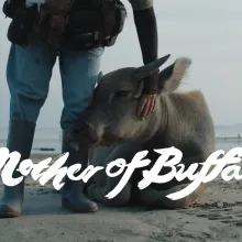 A title card from Mother of Buffalo: on an overcast beach at low tide, a person in jeans and grey rubber boots stands beside a resting water buffalo, one hand laid gently on its head. The film's title is rendered across the lower third in a white hand-painted brush script.