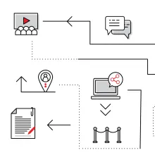Graphics of calendars, gears, chat bubbles, theatres, papers, computers, tickets, pie charts, and projectors with arrows pointing to one another