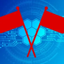 Two red flags against a blue backdrop with electronic-esque graphics
