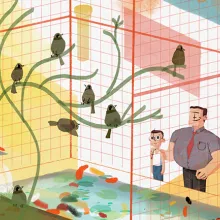 a drawing of a large cage of birds, while the father and son looks onward.