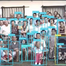 A low resolution image of a large group of people, ranging widely in age, sitting and standing in three packed rows. Blue square frames are overlaid over each figure, each captioned with "person" and then a number