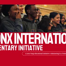 image of students in front of a red back ground, the project title in white letters below