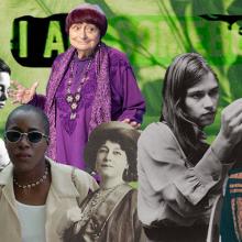 A collage of Shirley Clarke, Agnès Varda, Cheryl Dunye, Alice Guy-Blaché, Barbara Kopple and Madeline Anderson against a background of a close up leaf, with the words "I Am Somebody" faded into the background.