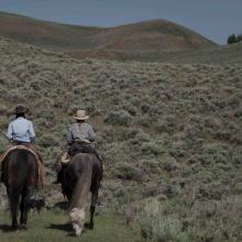 Hollyn Patterson and Colie Moline are two white women wearing cowboy hats and shirts. We can see their backs as they ride horses against the lush greenery of rural Idaho. From Emelie Mahdavian’s ‘Bitterbrush.’ Courtesy of Alejandro Mejia/Magnolia Pictures.