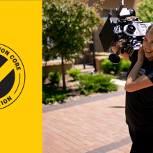 The Nonfiction Core Application: An image of a woman with brown skin holding a camera outdoors, courtesy of Sundance Institute.