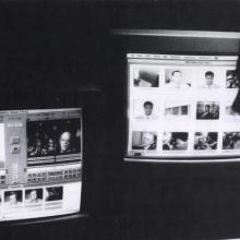 Two computer screens with different footage, from cutting 'Muhammad Ali' on the Avid system.