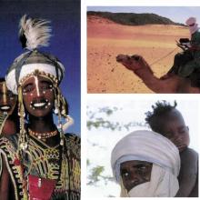 Clockwise from left: Three young Wodaabe men (Mutaara, Neyali and Alto) just before they head off for the 'Yakee'. Photo by Kevin Peer; Kevin soon found that it was extremely difficult to shoot while perched on a narrow Tuareg saddle and an unruly camel. Photo by Leslie Clark. Reflecting beauty and grace and a touch of sadness, this young girl had very recently lost her mother to malaria. Photo by Kevin Peer.  Suralki, like all Wodaabe men and women, are loving and attentive parents. Photo by Kevin Peer