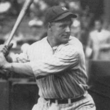 An image of Lou Gehrig, a white man in a baseball uniform holding a bat, from Ken Burns' 'Baseball'. Courtesy of PBS.