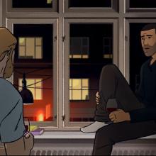 An animated still from Jonas Poher Rasmussen’s ‘Flee’ showing the Afghan male protagonist Amin and the white, Danish filmmaker. Courtesy of NEON.