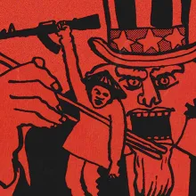 A cartoon of Uncle Sam holding a Vietnamese soldier between chopsticks. From  Emile de Antonio’s ‘In the Year of the Pig.’ Courtesy of Amazon. 