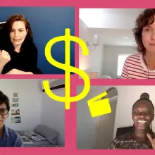 A screenshot of IDA's Grant Writing workshop with Dana Merwin, Zippy Kimundu, Meena Nanji and ASL Interpreter Mara Bassani-Santamaria