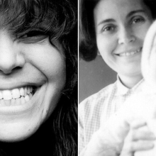 A black-and-white photo of a women smiling next to a photo of a mother holding her baby, from Judith Helfand's 'A Healthy Baby Girl.'