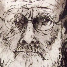 An etched sketched of an older man wearing glasses, from Nancy Dine's 'Jim Dine: A Self-Portrait on the Walu.'