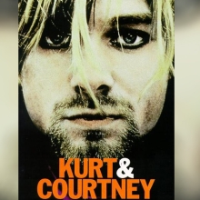 A closeup of Kurt Cobain's face on a poster for Nick Broomfield's' 'Kurt & Courtney.'