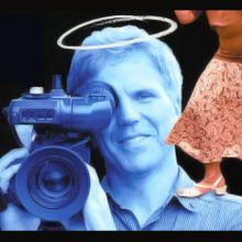 A photo composition of a man smiling and holding a camera with a halo over his head, from Mark Wexler's 'Me and My Matchmaker.'