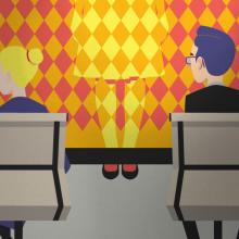 Vector graphic of two people sitting behind a meeting table, looking to the left. The person in front is invisible to them, blending into the wall