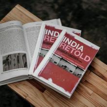  The cover of 'India Retold: Dialogues with Independent Documentary Filmmakers in India,' a compilation of commentary from 30 contemporary documentary filmmakers, is red, with black-and-white photos. 