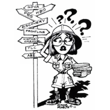 A cartoon shows an explorer holdings coins, disoriented on what direction to go to as the sign in the background lists a variety of outlets-- like PBS and HBO.