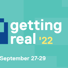 Green and blue banner for Getting Real conference with dates September 27-29. 2022.