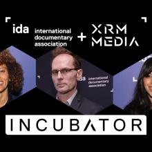 IDA+XRM Media Incubator logo with photos of Nadia Hallgren, Skye Fitzgerald and Smriti Mundhra