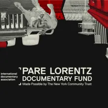 Top: inverted photo collage of university, prison, court buildings, Wall Street bull, US flag on a pole and meeting room seats. They are flipped upside down with two cracks. Bottom left to right: IDA logo, Pare Lorentz Documentary Fund, Made Possible by the New York Community Trust