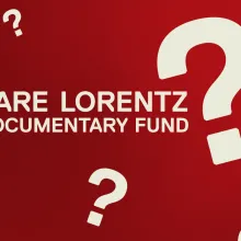 Question marks scattered on a dark red background. Text: Pare Lorentz Documentary Fund