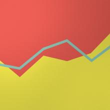 Minimalist graphic of an aqua line graph above yellow stacked graph against salmon pink background.