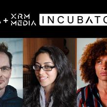 IDA + XRM Media INCUBATOR. Below: headshots of Skye Fitzgerald, Smriti Mundhra and Nadia Hallgren