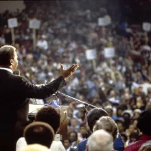 Harold Washington address over 10,000 supporters at the UIC Pavilion in February, 1983. Photo credit: Marc PoKempner.