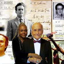 collage of filmmakers, musicians and notebook pages.