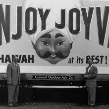 Black and white photo of Joyva's billboard.