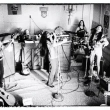 Black and white photograph of a studio performance of the rock group "Fanny"