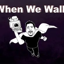 An illustrated image of an adult in superhero outfit carrying a camera