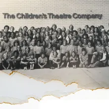 Black and white torn photo of theatre children some of which were victims of sexual assult. 