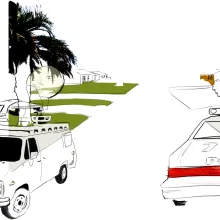 A news van and a cop car speed on opposite sides of this animated suburban street. 