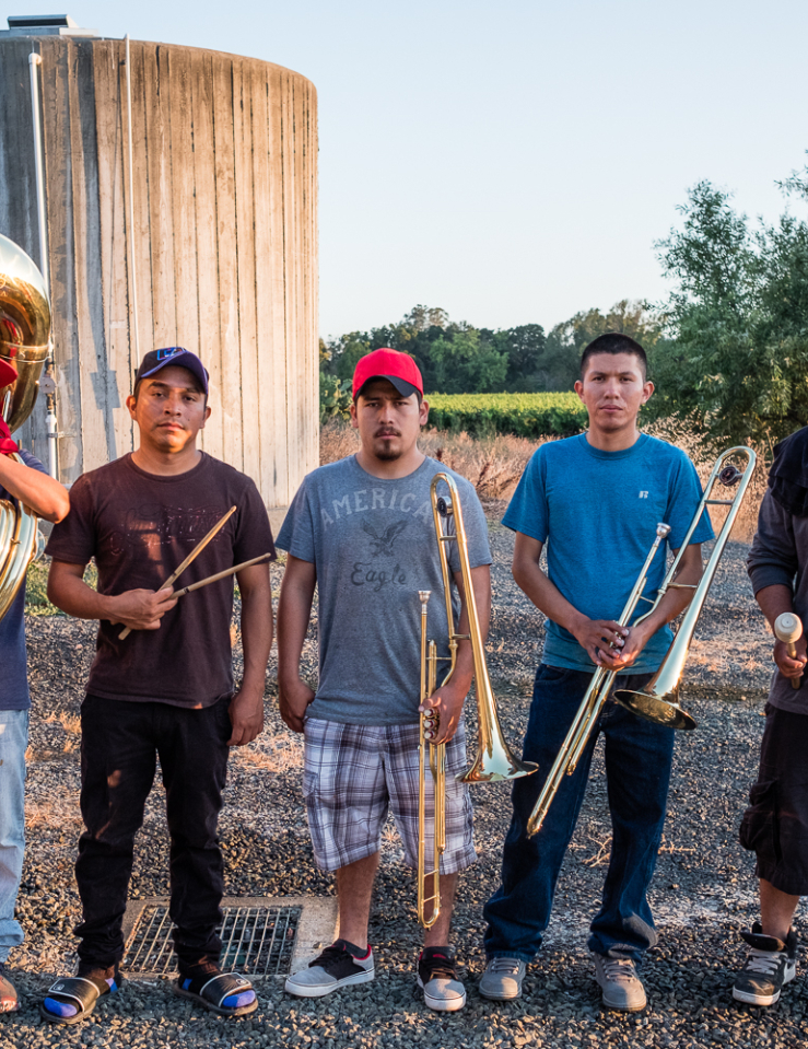 Five young men, each holding a different musical instrument, stand outside in a sunny field