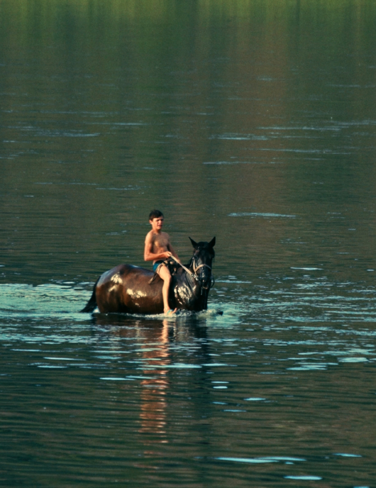 A drenched young man in nothing but a swimsuit rides a horse in the middle of a body of water