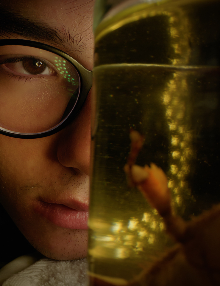 Close-up of a teen with glasses staring into a jar that holds an insect that feels lit from within against a dark backdrop
