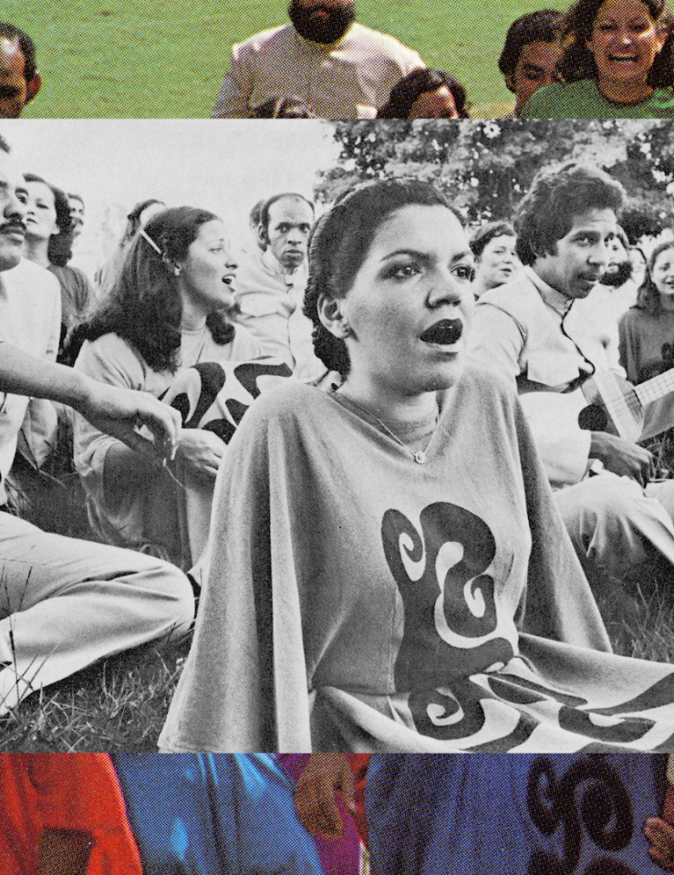 a black and white photo of young people laying on the grass is superimposed over a color photo of the same folks smiling and standing up